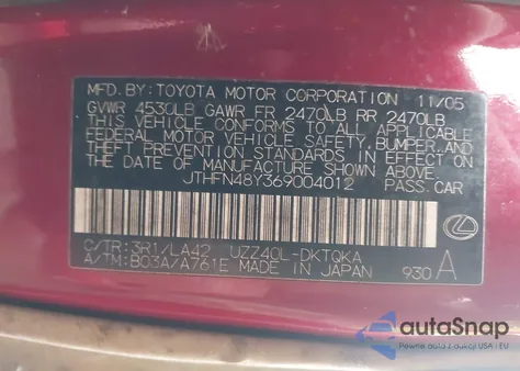 2006 Lexus Sc 430 from USA, damaged, VIN JTHFN48Y369004012